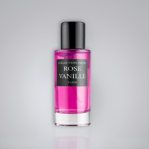 Flacon de parfum Rose Vanille sur un fond uni blanc/gris.