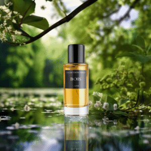 Flacon de parfum Bois dans un décors naturel avec des feuilles, des fleurs et de l'eau