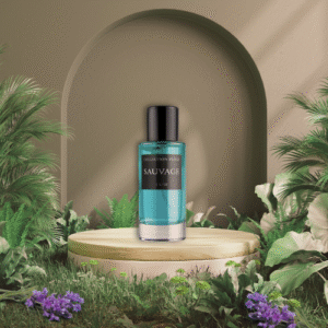 Flacon de parfum Sauvage sur un présentoir avec un décor de fleurs, d'herbe et de feuilles.
